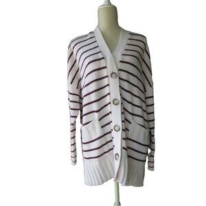 LOFT Cream Maroon Cardigan Sweater XL Striped Pockets V-Neck Buttons Chunky 2021